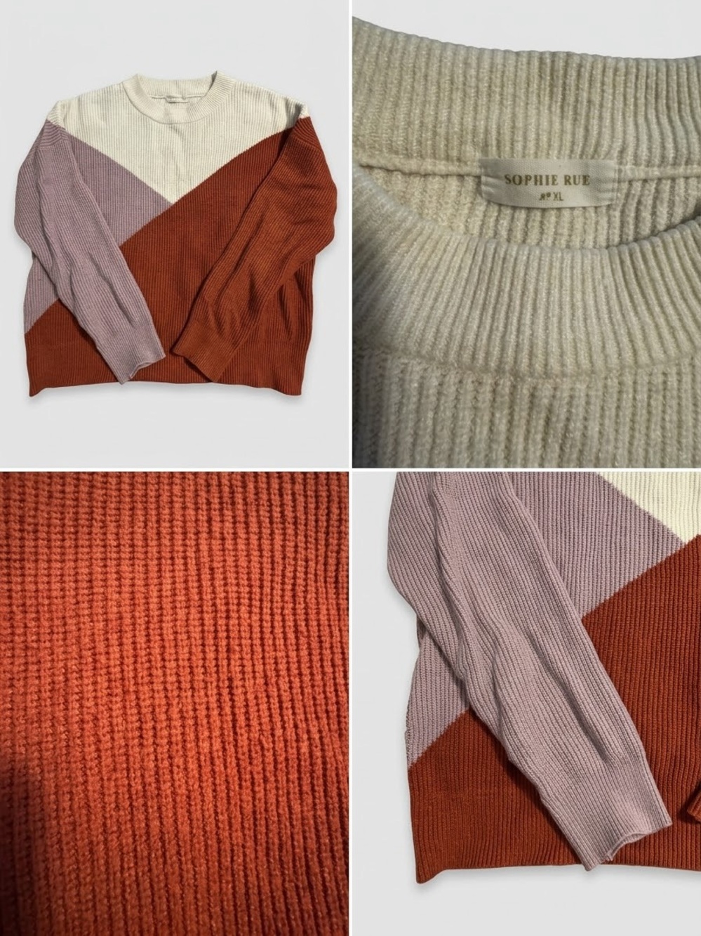 Sophie Rue Three-Tone Colorblock Crewneck Sweater — Cream, Mauve & Rust